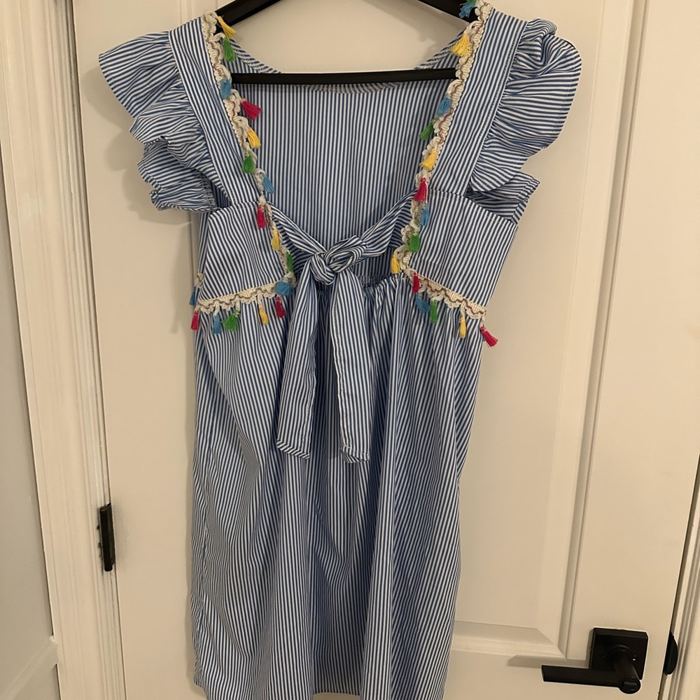 Blue Striped Kids Dress with Colorful Tassels